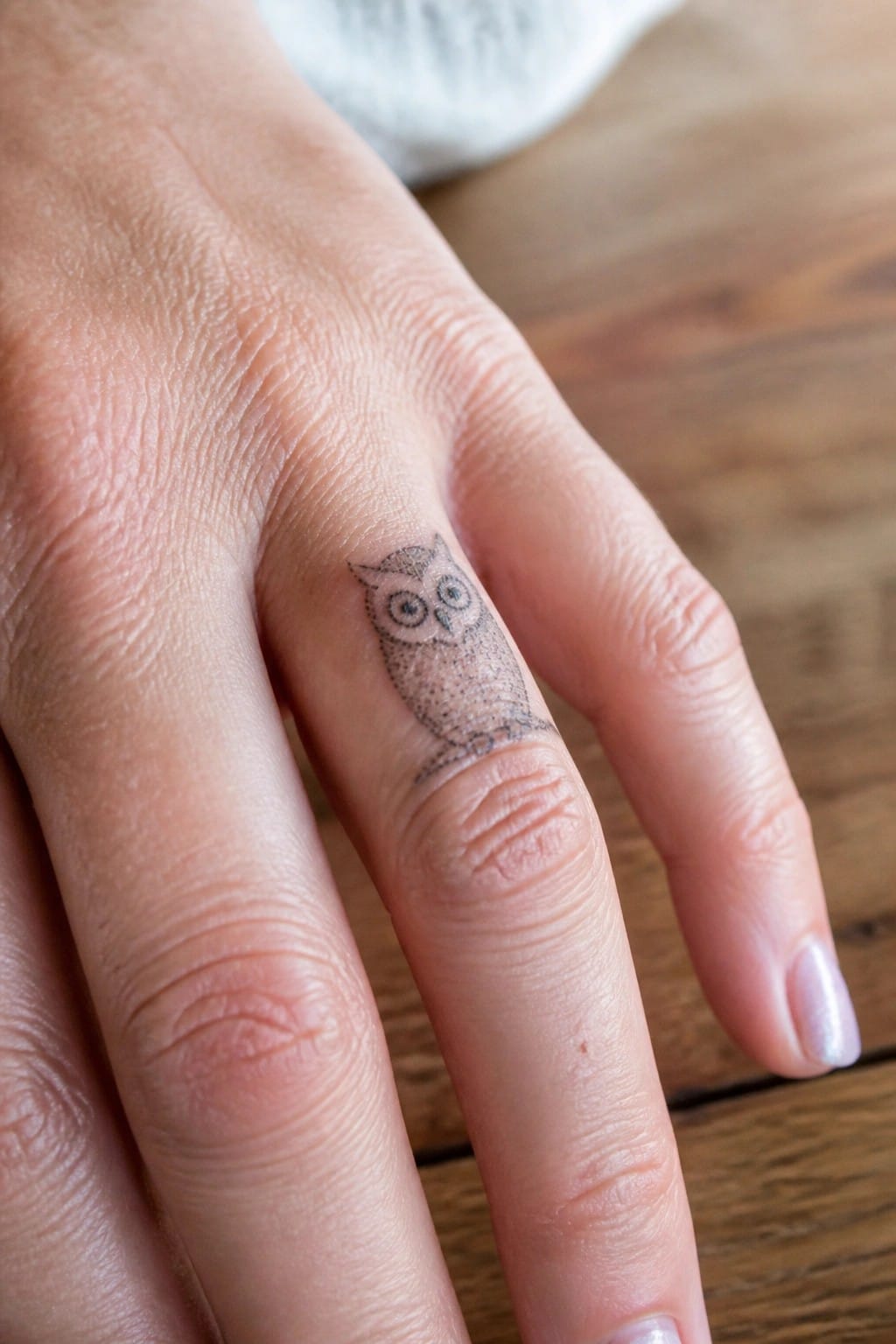 Small dotwork owl tattoo on the side of a finger.