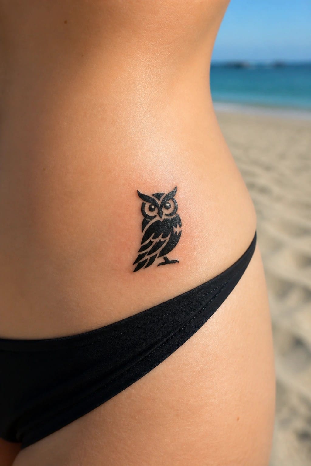 Black owl tattoo on hip above black bikini bottom on sunny beach