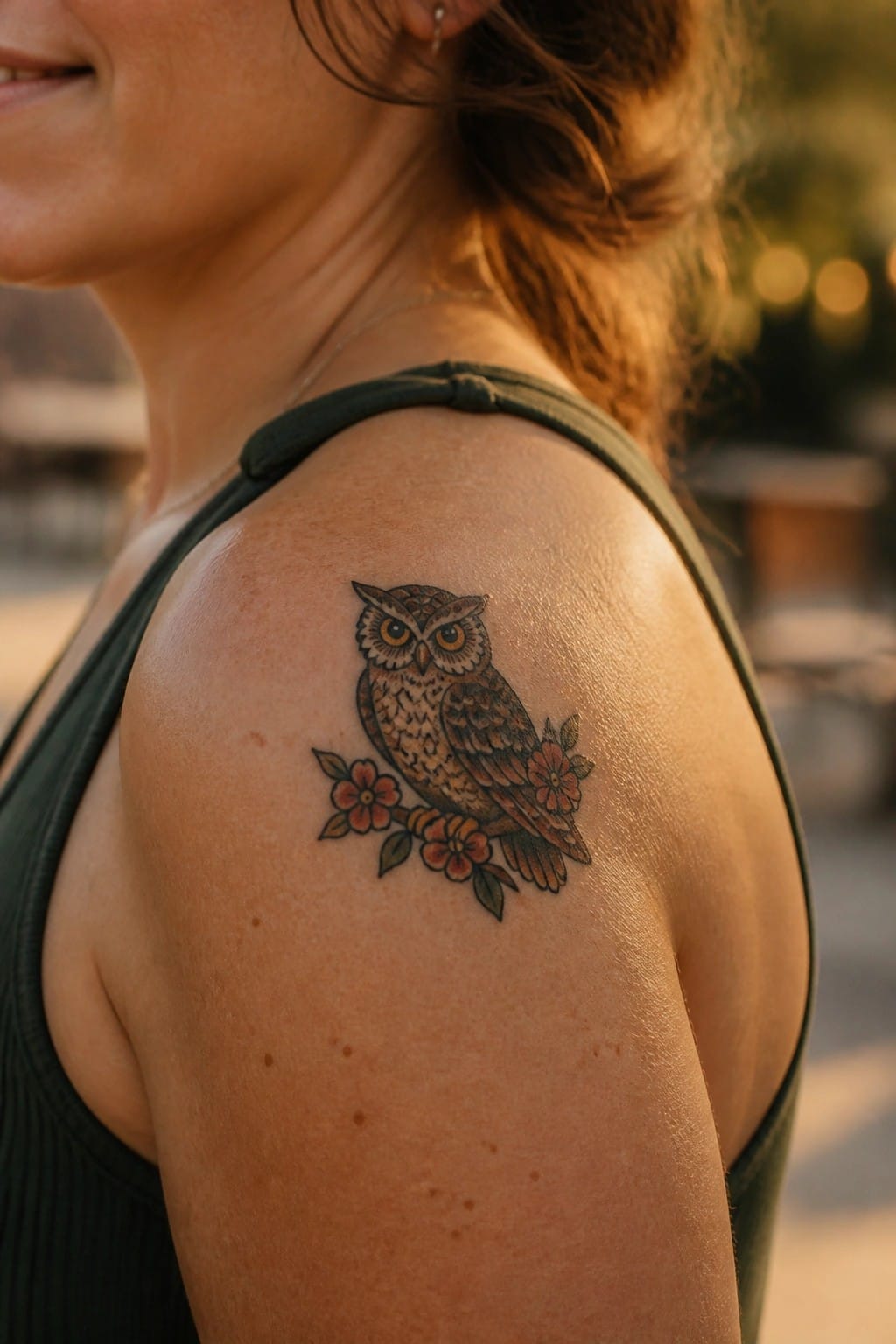 Small owl tattoo on a woman's shoulder showing the bird perched on a branch with flowers around it.