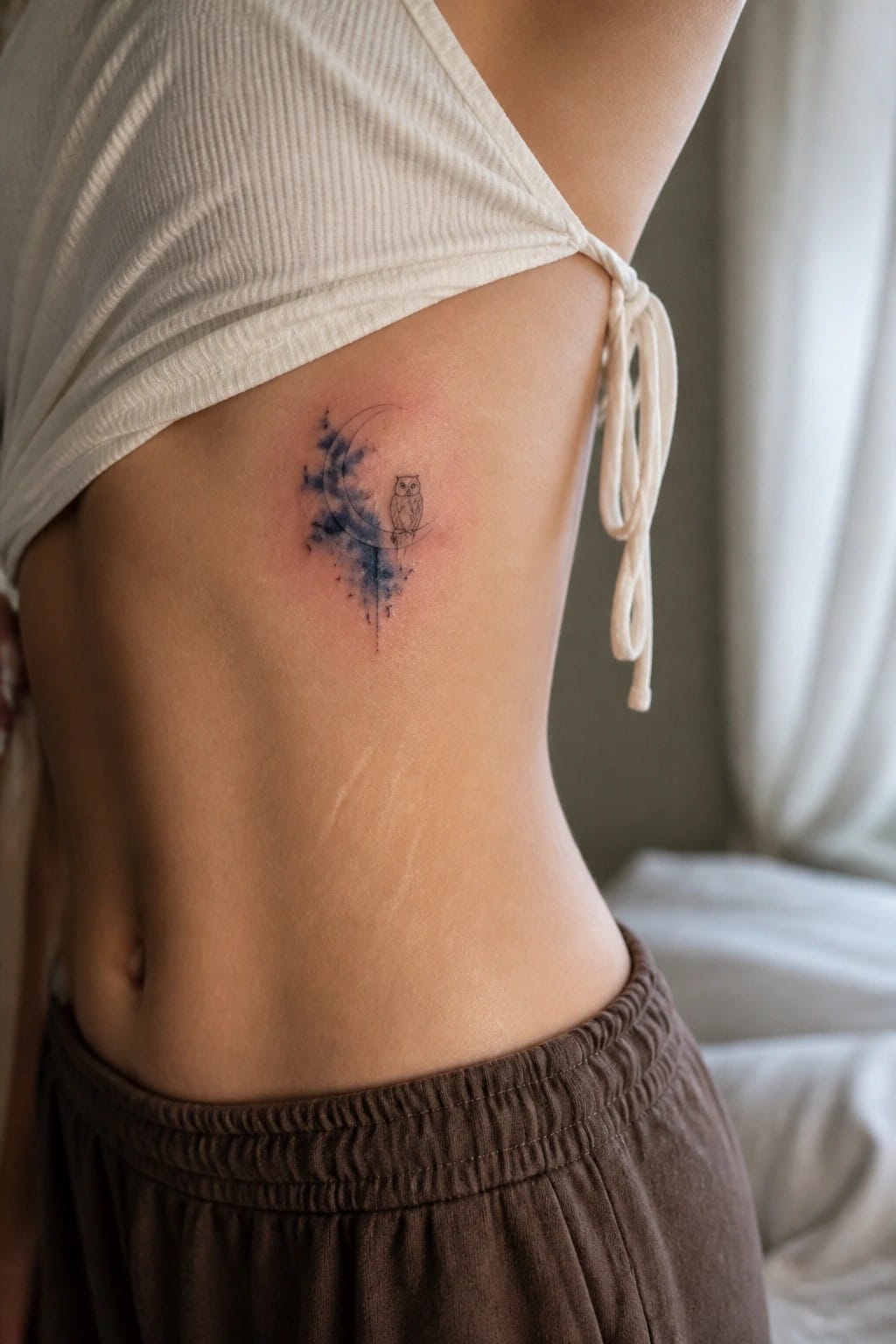 White tied top revealing side tattoo of owl on crescent moon with blue ink