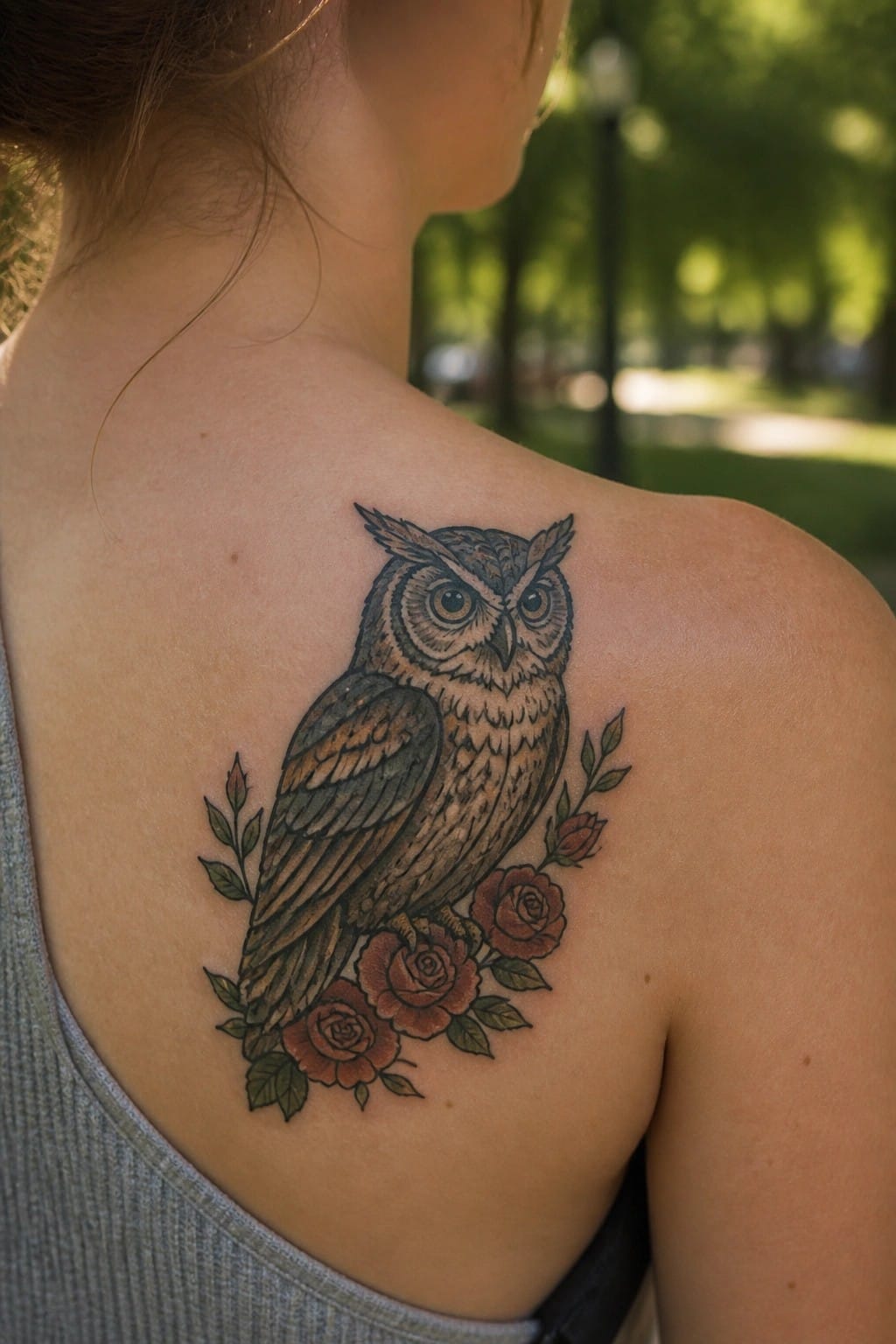 Realistic owl tattoo with red roses on person's shoulder and back