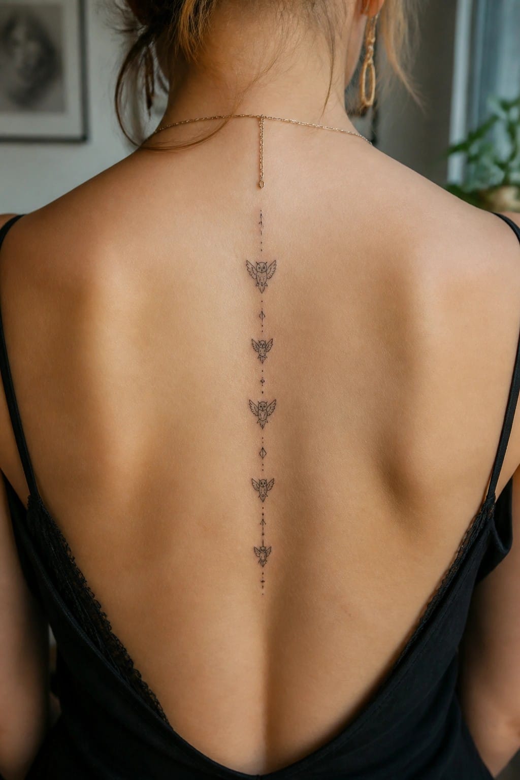 Vertical spine tattoo of small minimalist owls connected by dotted lines and symbols on a woman's back.