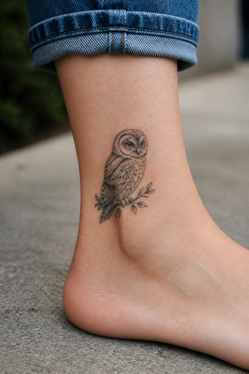 Owl on branch tattoo on ankle below rolled-up blue jeans and bare foot