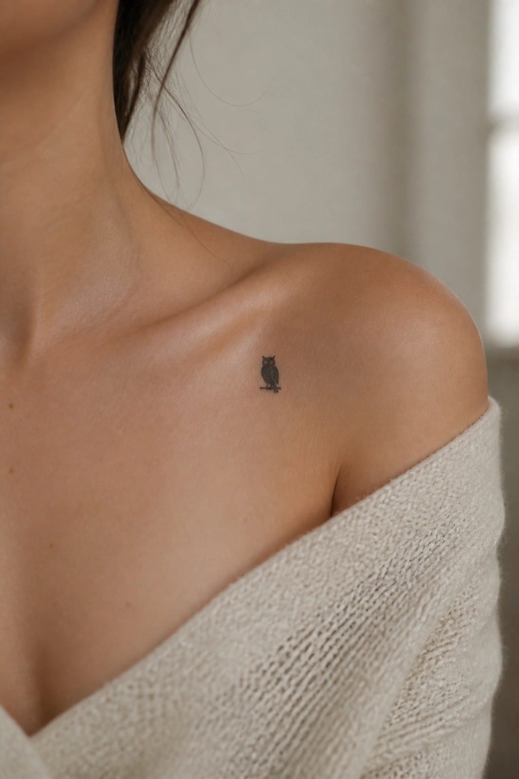 Small black owl tattoo placed just below the collarbone on a woman's shoulder.