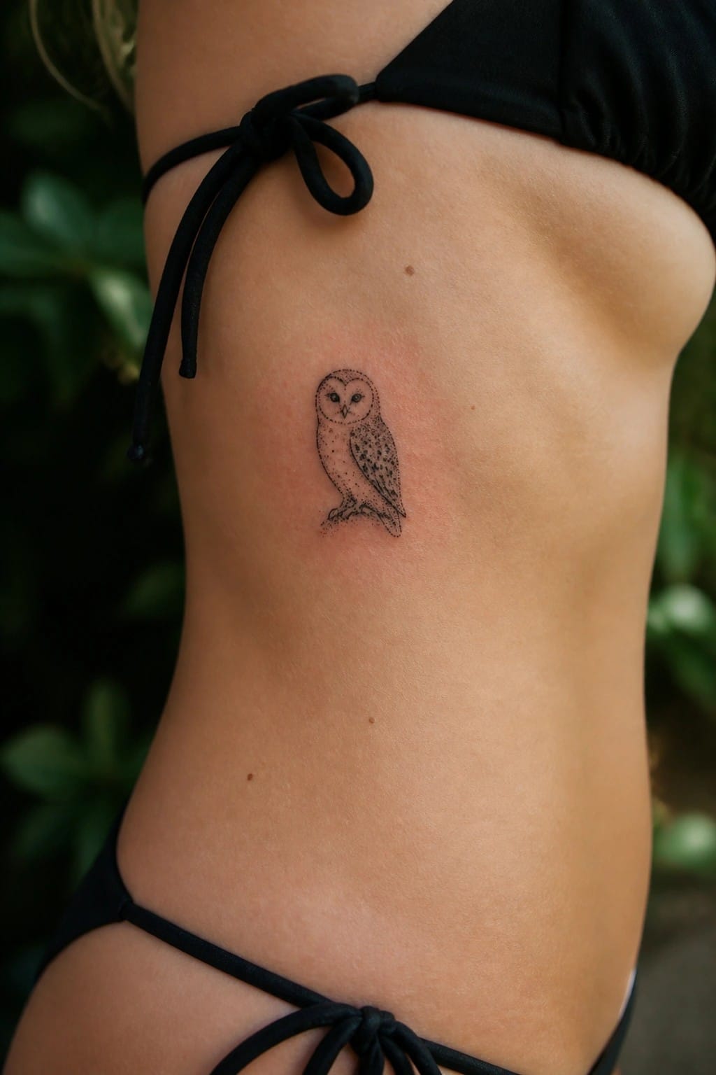 Small fine line owl tattoo with dotwork shading on the side torso of a woman in a black bikini top