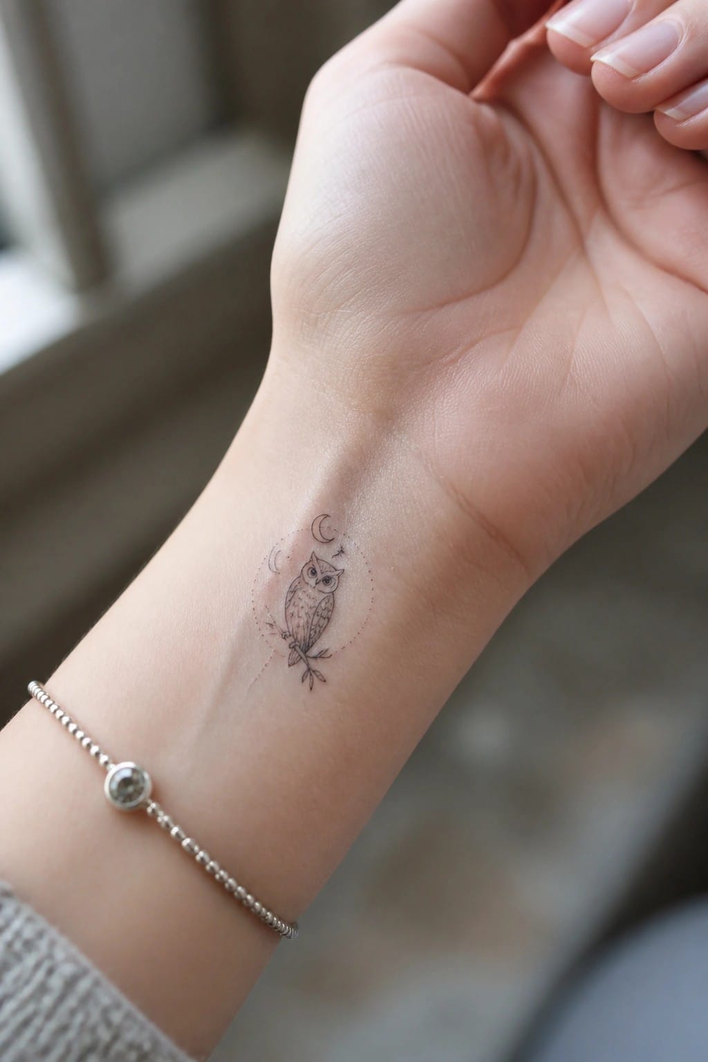 Small minimalist owl tattoo on the inner wrist with moon and stars in a dotted circle.