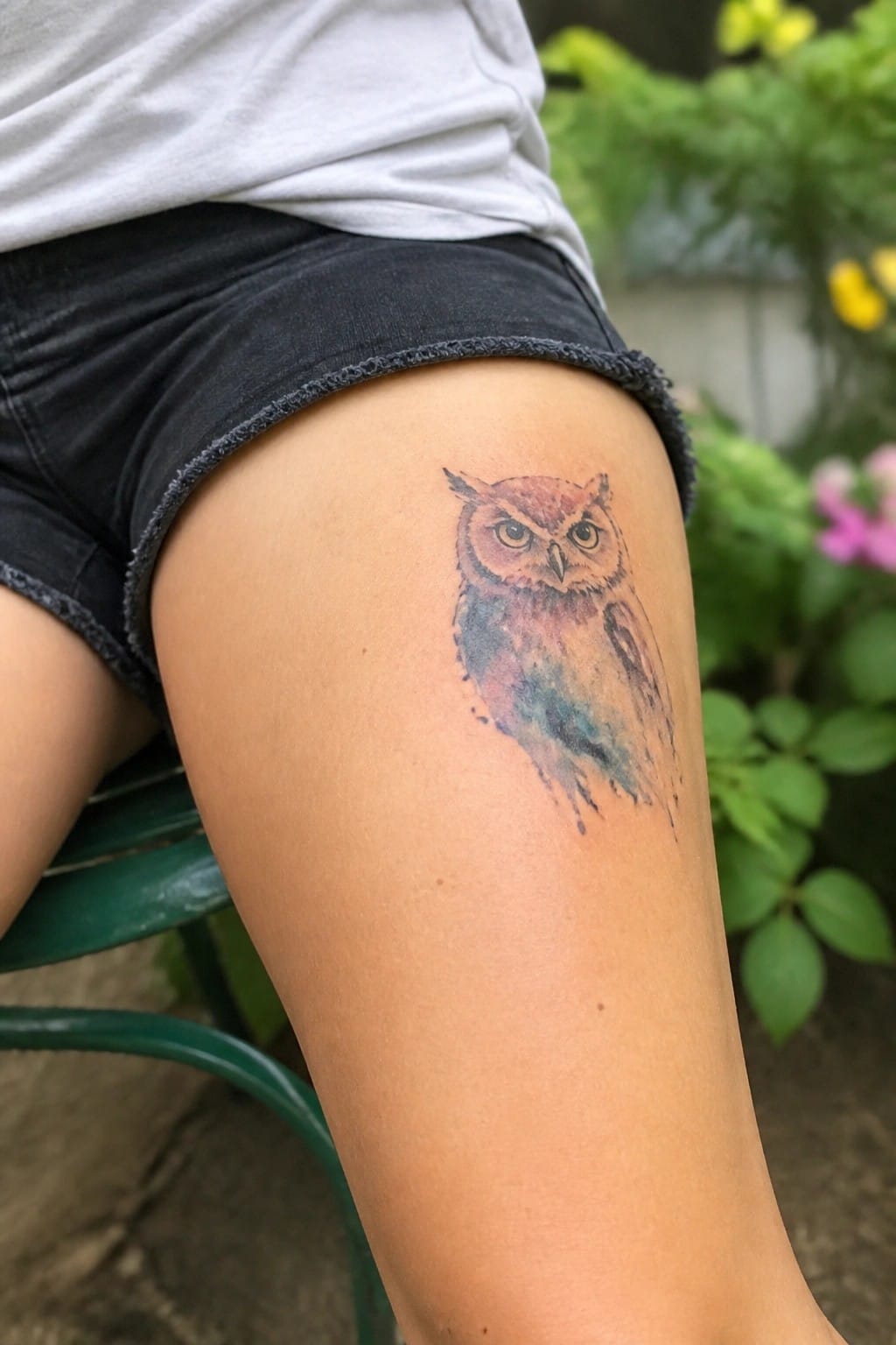 Colorful watercolor owl tattoo on thigh above frayed black denim shorts outdoors