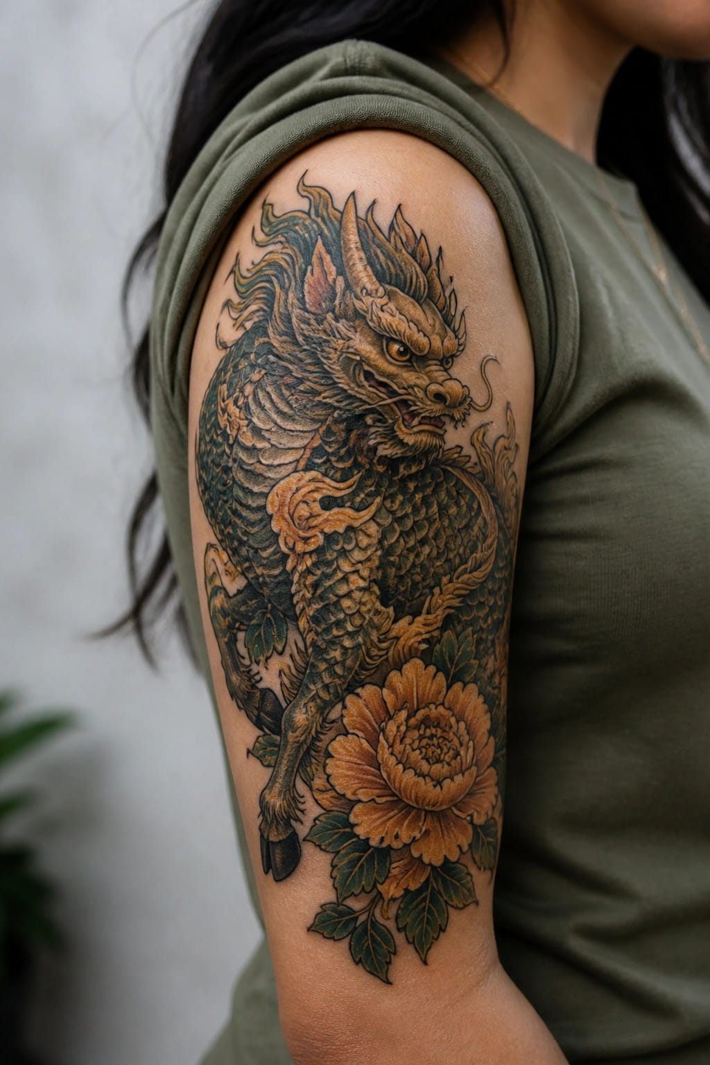 Dragon tattoo on shoulder above orange peony, green sleeveless top visible