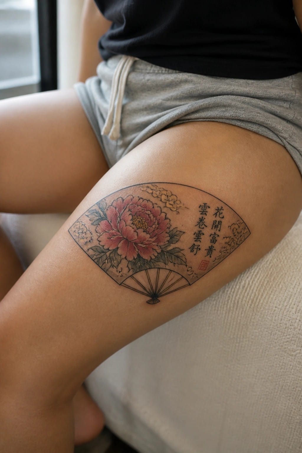 A fan shaped tattoo with a peony flower and Chinese characters on a woman's thigh.