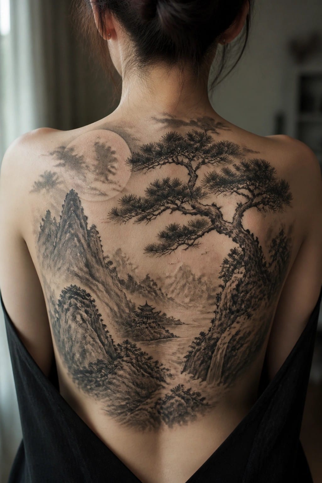 A large black and gray tattoo of a traditional Chinese mountain landscape with a pine tree, river, and moon covering a woman's full back.