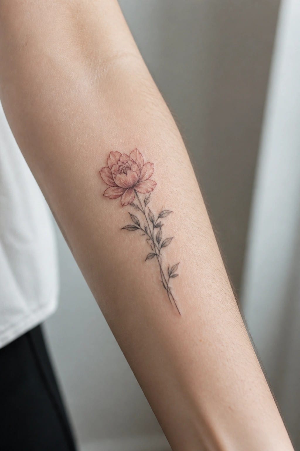 Pink peony tattoo with black stem and leaves on forearm