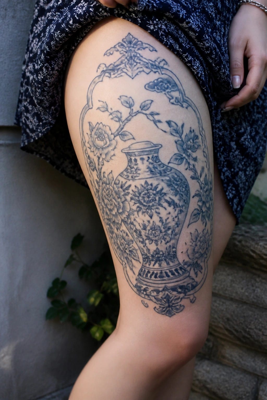Blue ink tattoo of a traditional Chinese vase with peonies, leaves, and clouds wrapped in an ornate frame on the upper thigh.