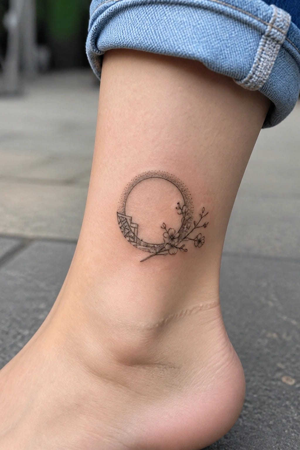 Small black ink circle tattoo on the ankle with a traditional building on one side and cherry blossom branches on the other.