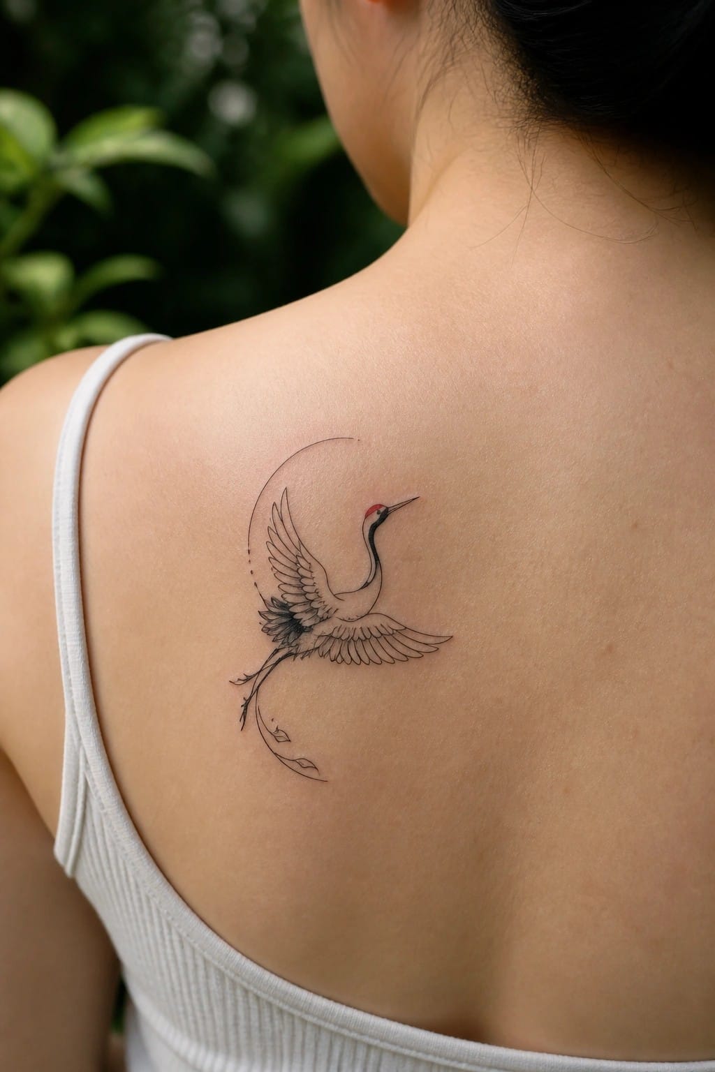 Minimalist crane tattoo with crescent moon on shoulder above white tank top strap.
