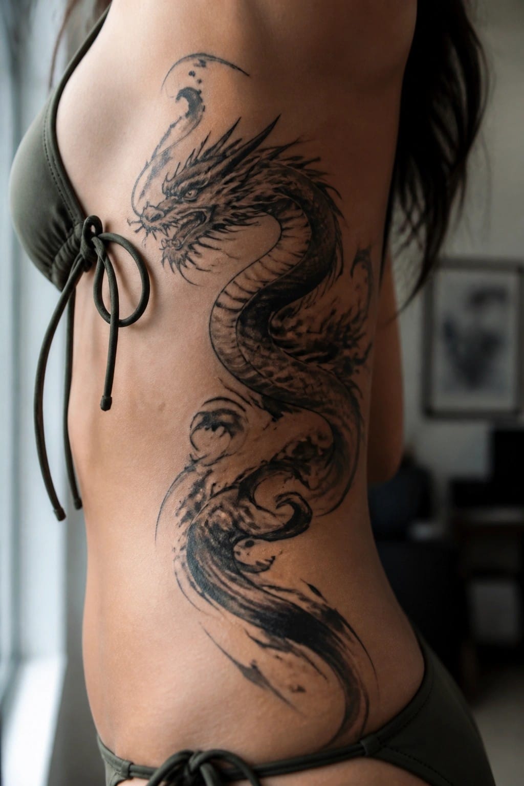 Black and grey Chinese dragon tattoo placed vertically along a woman's side torso from ribs to hip