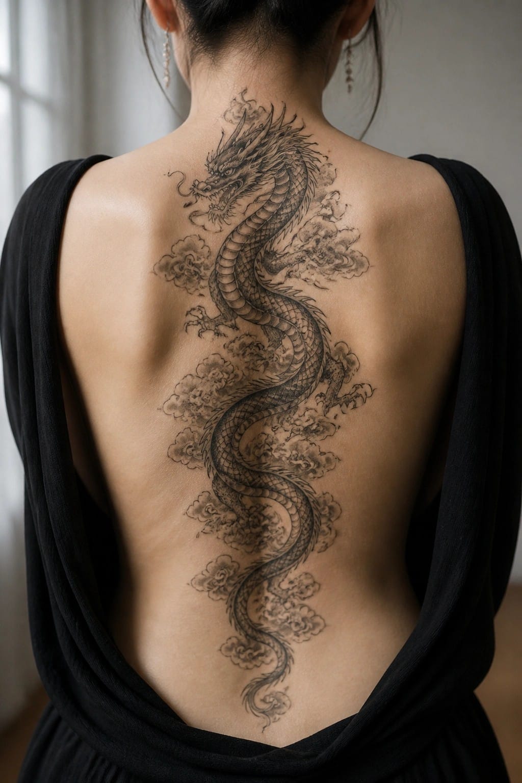Woman's bare back with large black dragon tattoo amid clouds, black garment open.