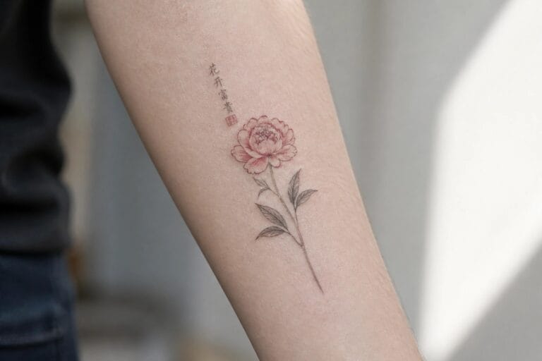 21 Traditional Chinese Art Tattoo Ideas for Women Inspired by Cultural Motifs Pink peony tattoo with black stem and leaves on forearm