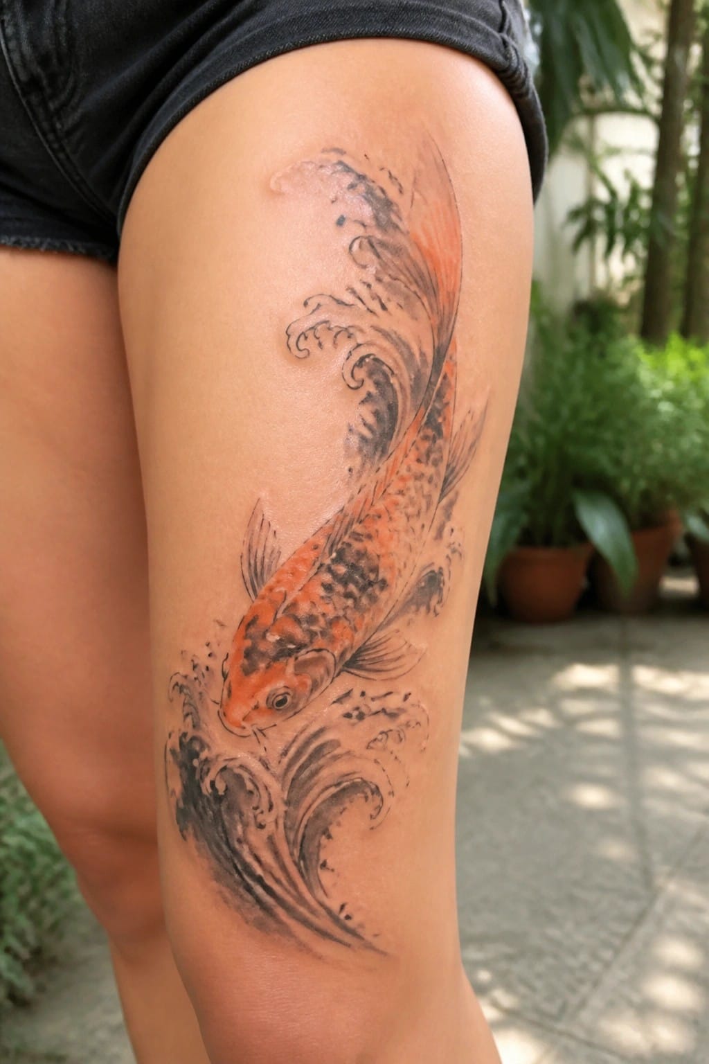 Orange and black koi fish tattoo with waves on thigh under black shorts.