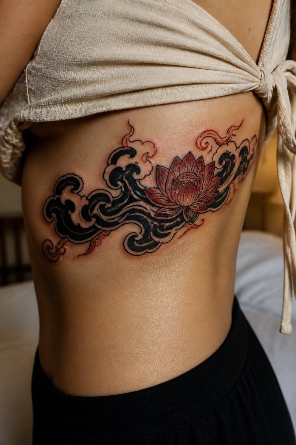 Red and black lotus tattoo with swirling waves on torso under beige top