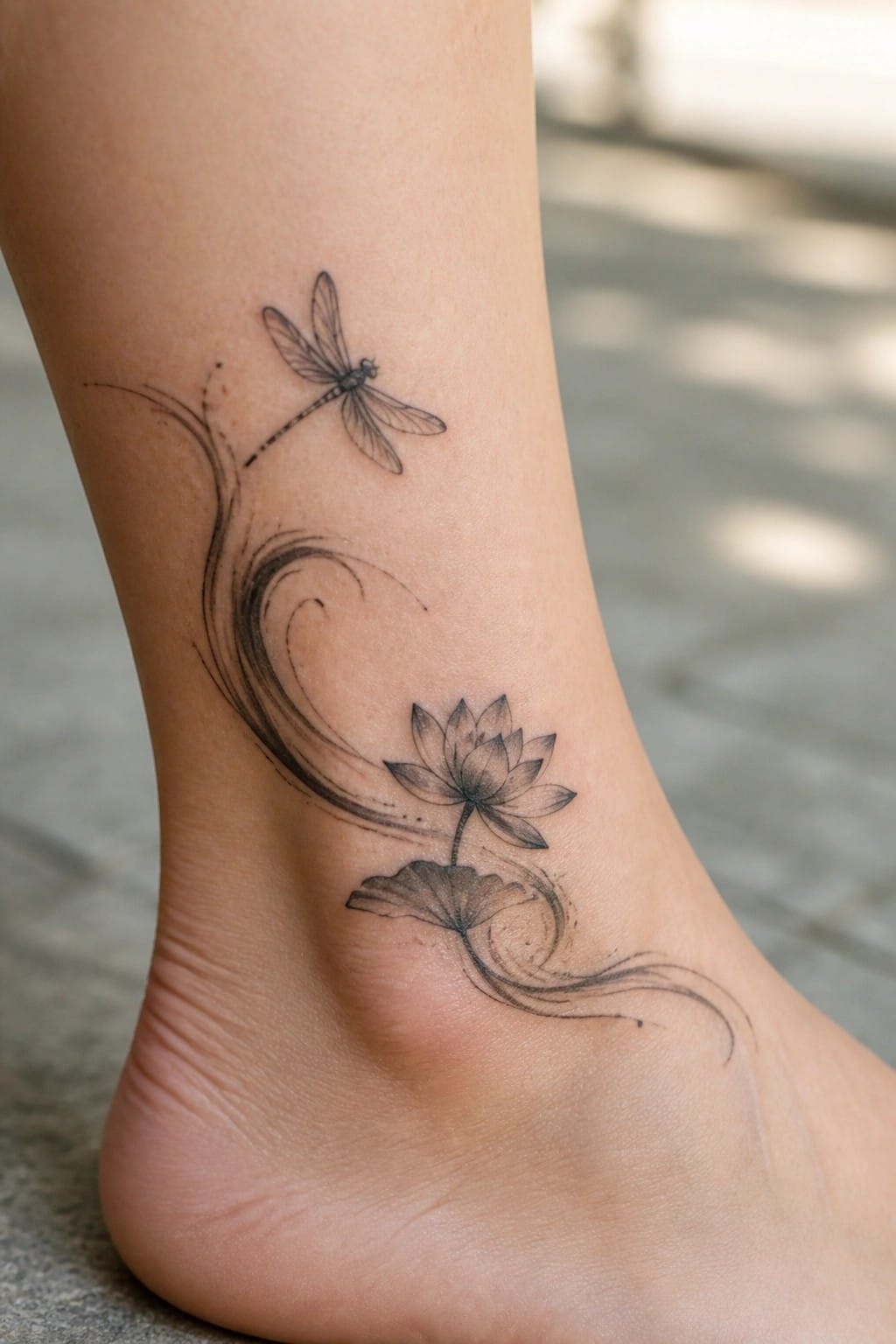 Black and grey fine line tattoo of a dragonfly above a lotus flower with flowing swirls placed on the side of an ankle.