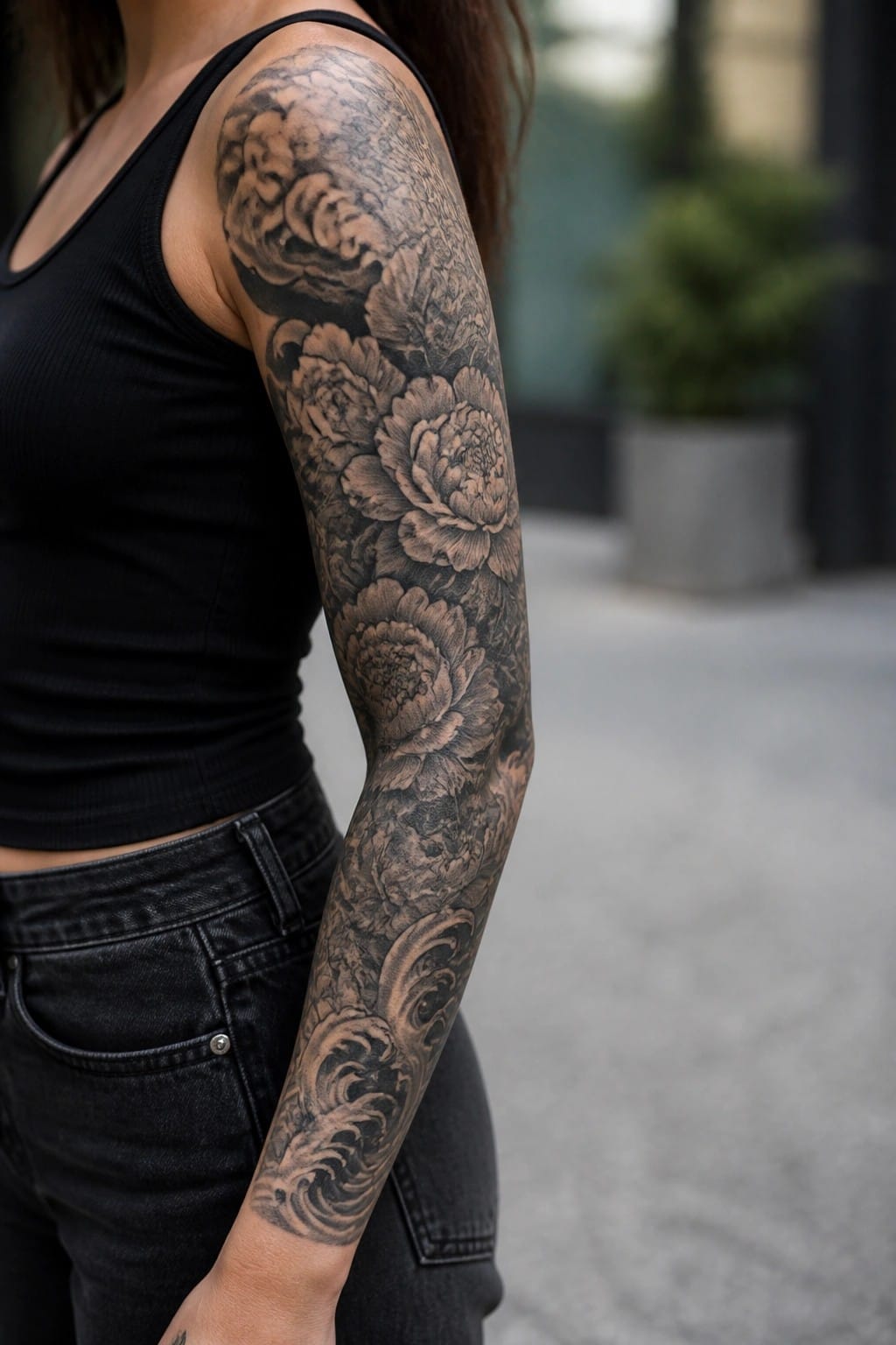 Woman's arm with black-and-gray peony and wave tattoo, black tank top and jeans.