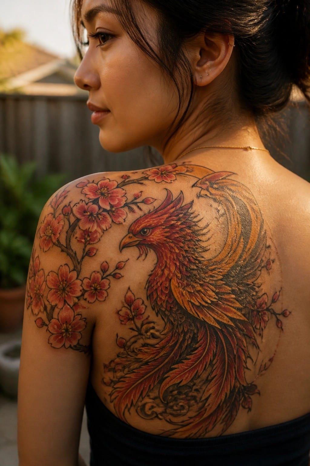 Woman with large red phoenix and pink cherry blossom tattoo on back