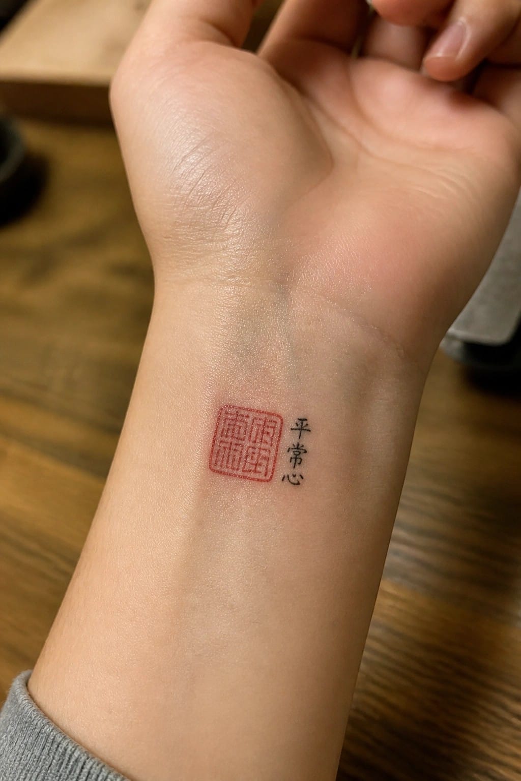Small red Chinese seal stamp tattoo with black characters on inner wrist