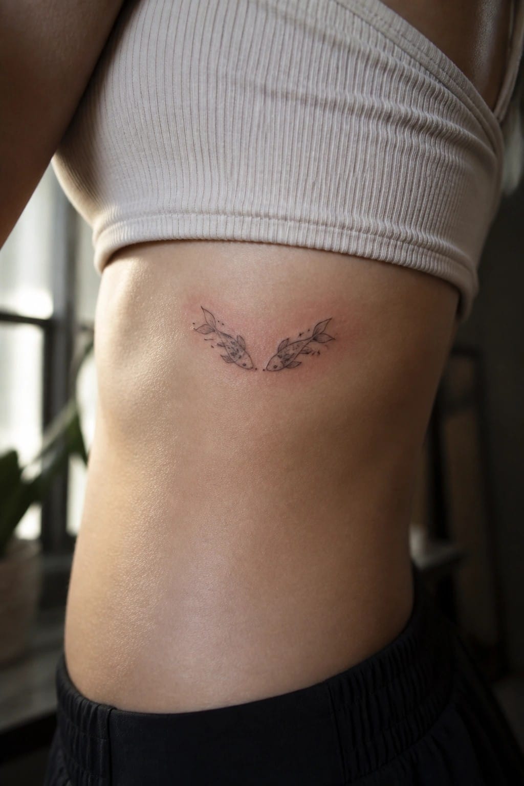 Two fish tattoos on ribcage under beige ribbed crop top with black waistband