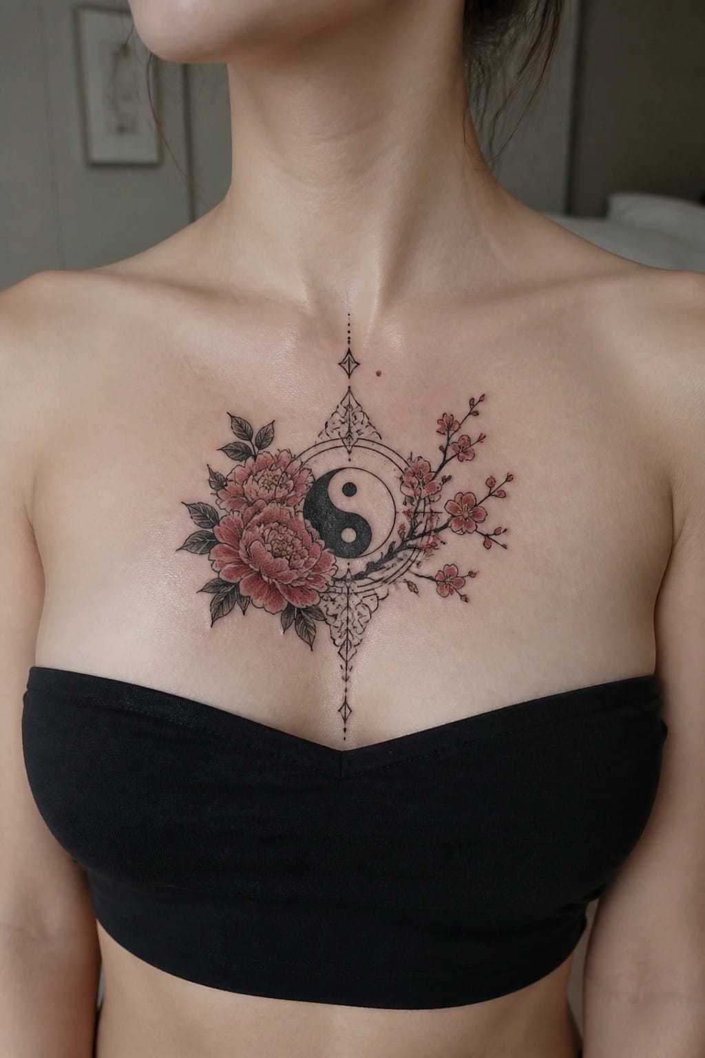 Yin-yang tattoo with pink peonies and cherry blossoms on chest above black top
