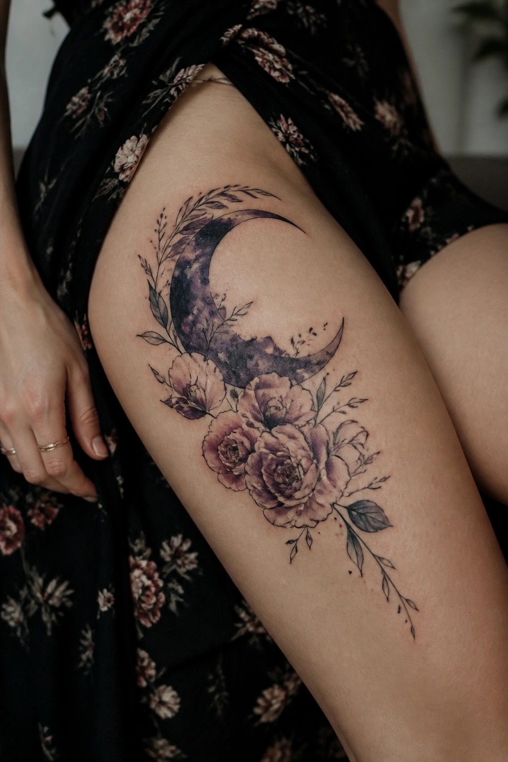 A watercolor crescent moon tattoo on the thigh with purple shading and surrounding roses and leaves.