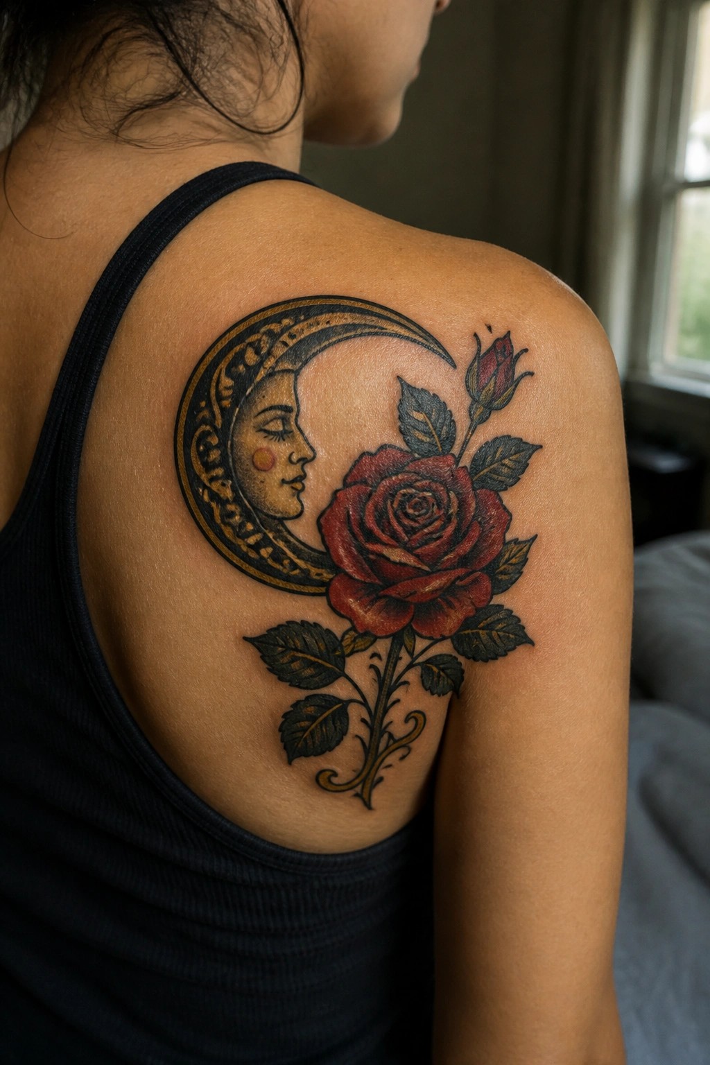 A crescent moon tattoo with a woman's profile on the shoulder, paired with a red rose and leaves in traditional style.
