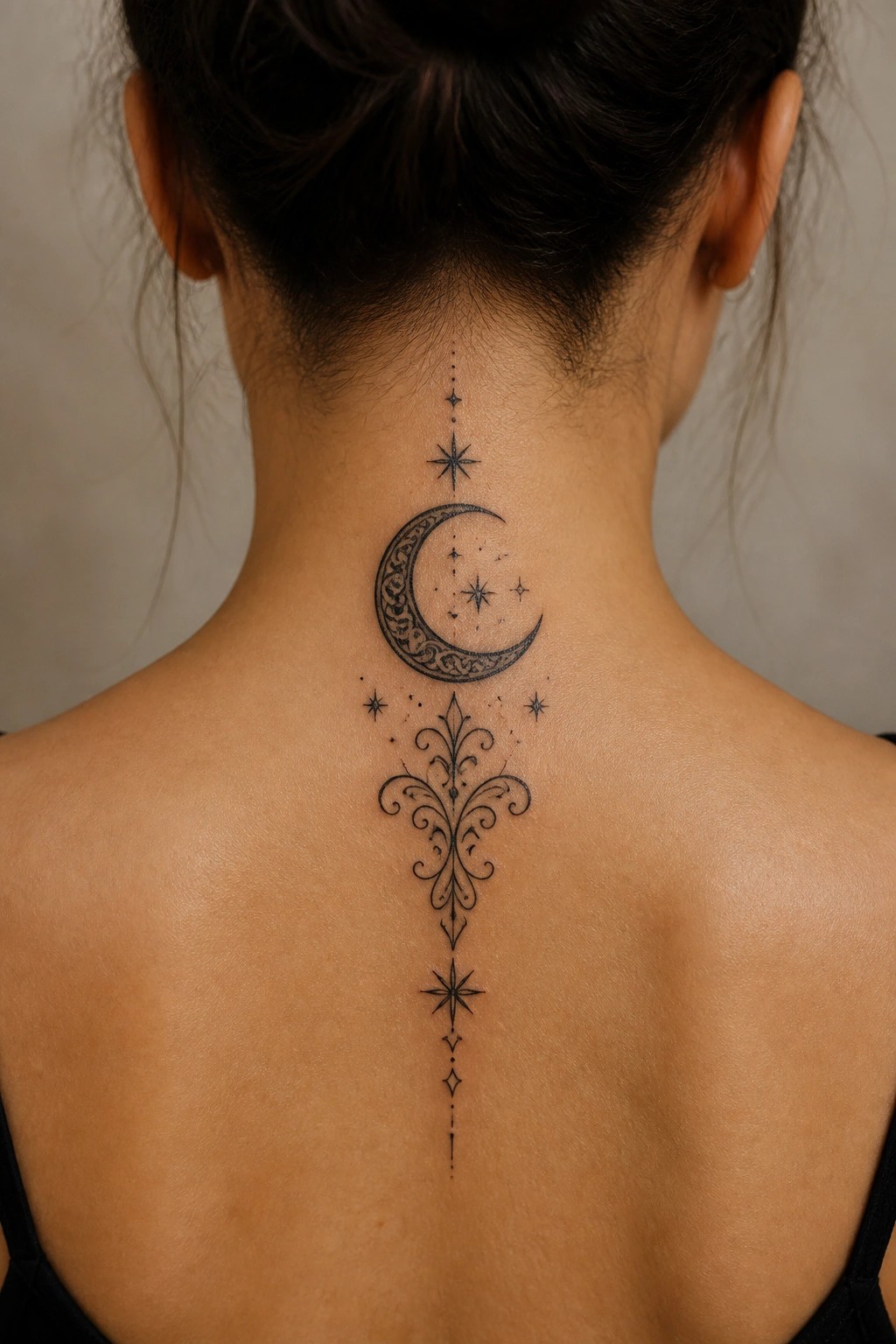 Black ink crescent moon tattoo with stars and ornate patterns running vertically down a woman's upper back along the spine