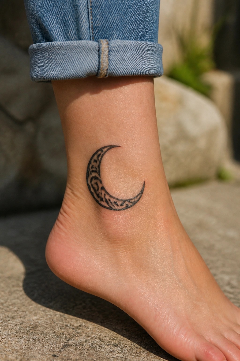Black crescent moon tattoo with patterned fill on a woman's ankle.