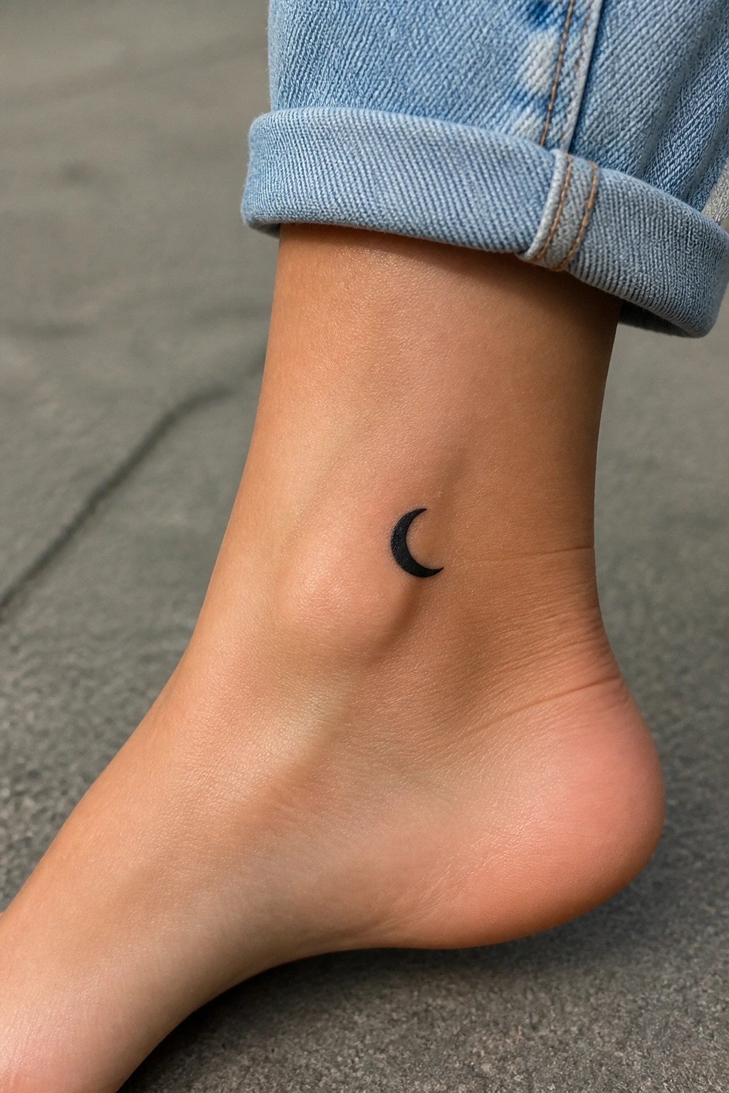 Small black crescent moon tattoo on ankle under rolled light blue jeans
