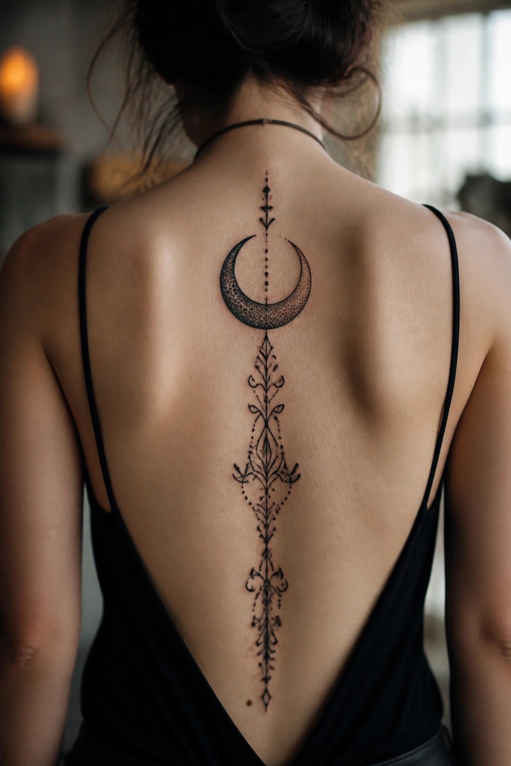 Blackwork crescent moon and vertical ornamental design centered on a woman's upper and mid back along the spine