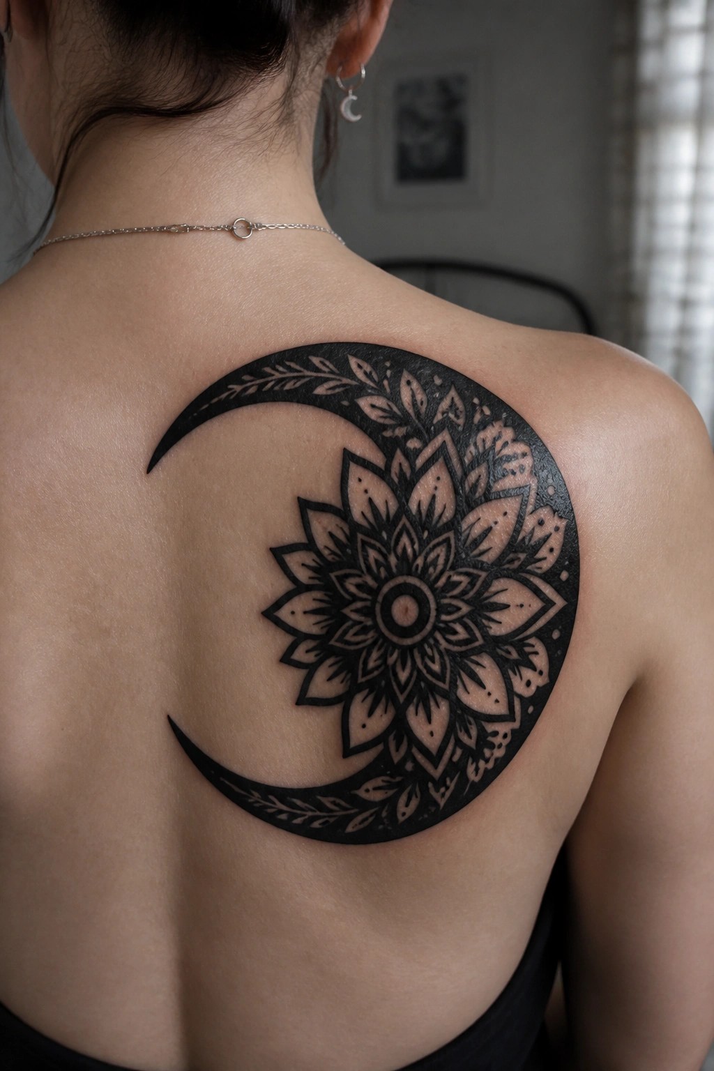 Woman's upper back with large black crescent moon mandala tattoo