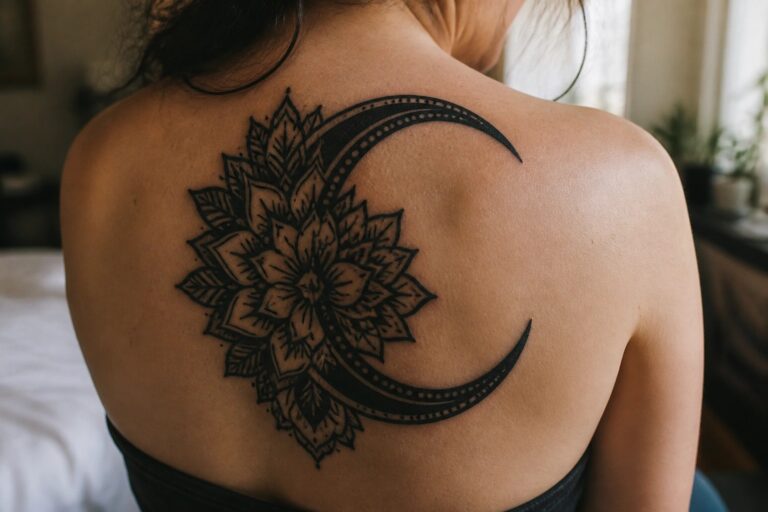 22 Bold Moon Tattoo Designs for Women That Create a Striking Statement Woman's upper back with large black crescent moon mandala tattoo