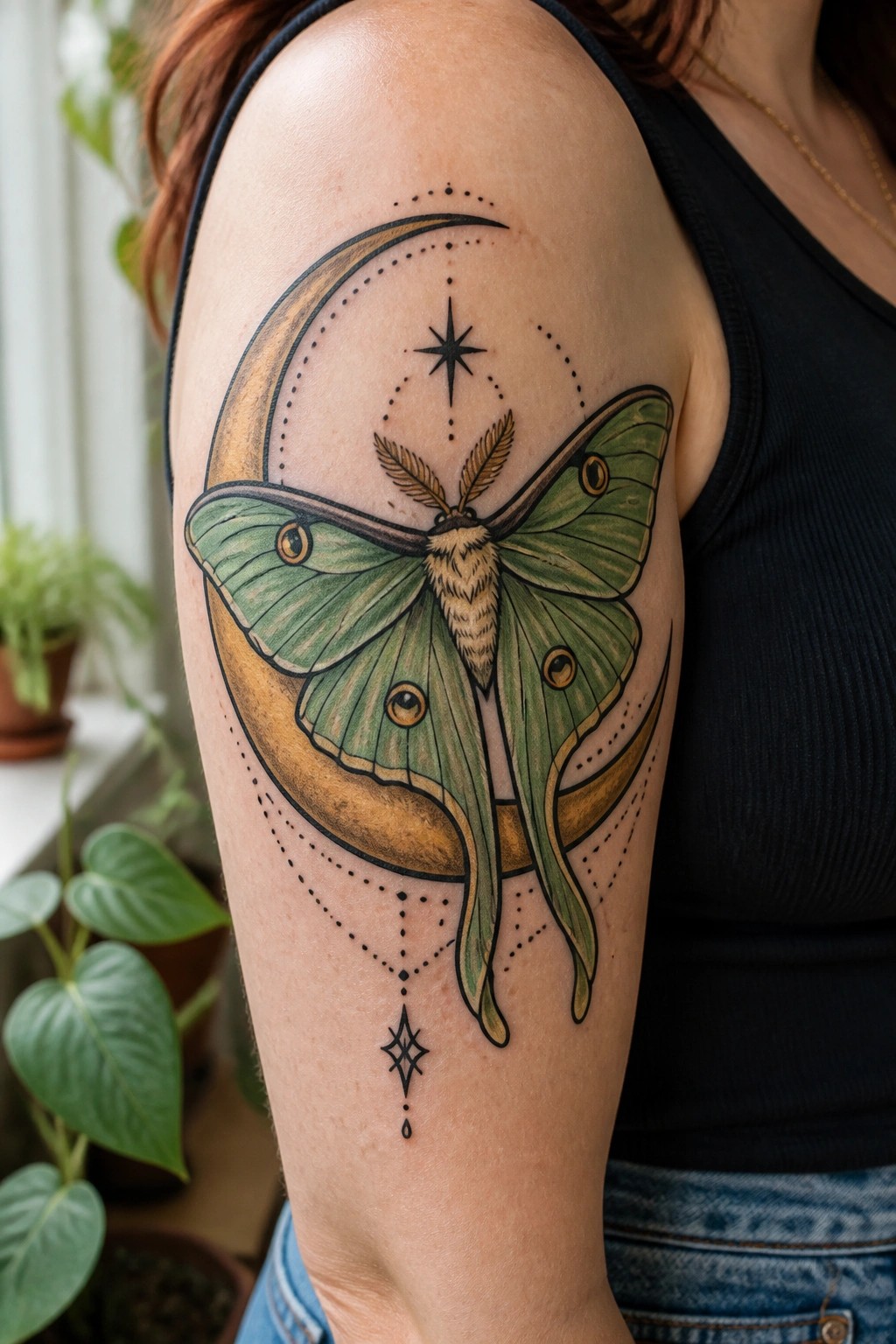 Green luna moth on a golden crescent moon tattoo covering a woman's upper arm with stars and dotted accents.