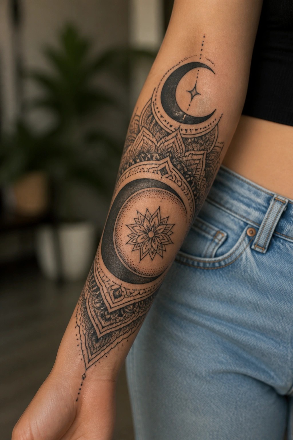 Arm with intricate moon mandala lotus tattoo, black top and blue jeans visible.