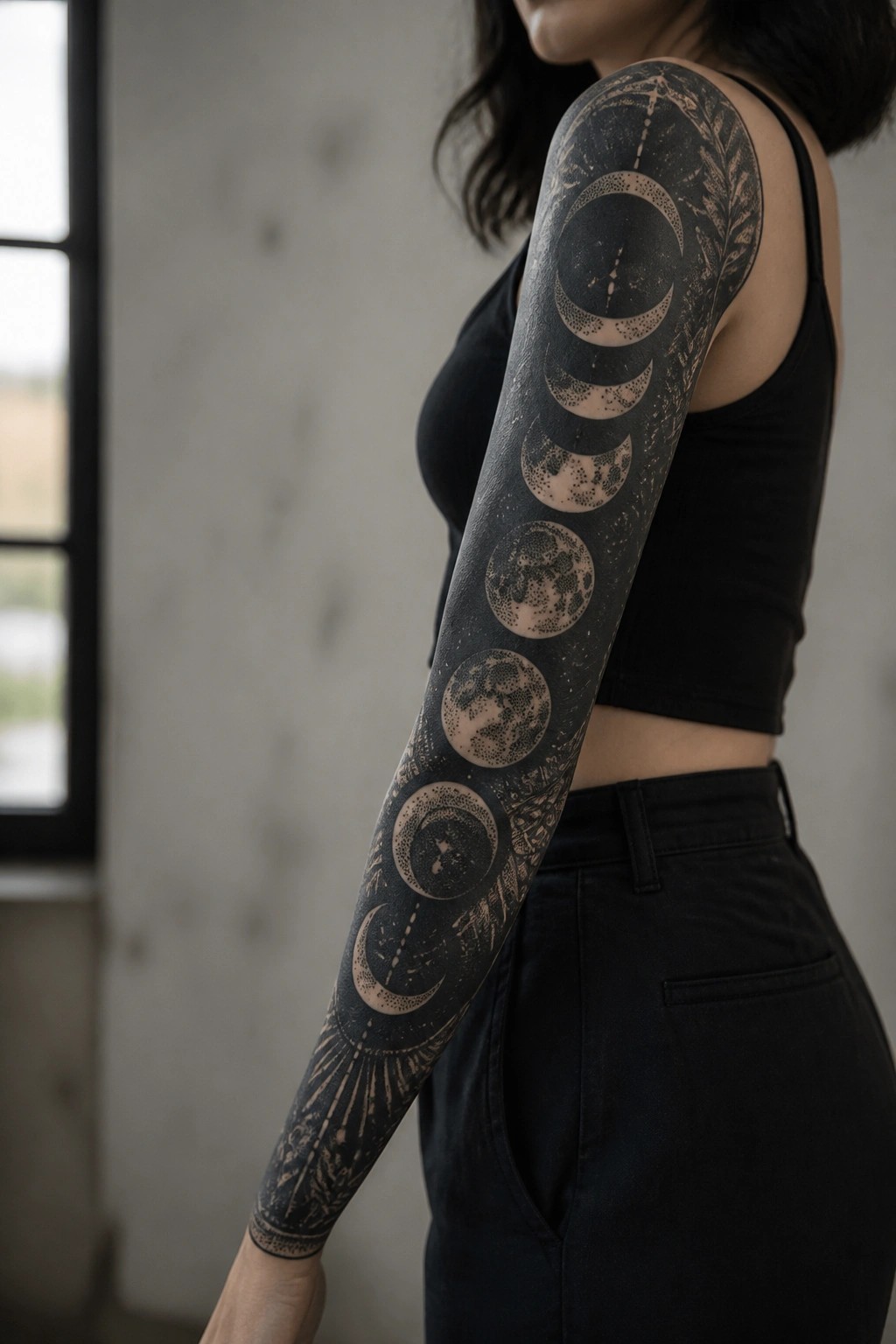 A full sleeve tattoo on a woman's arm showing moon phases in black and grey dotwork from shoulder to wrist.