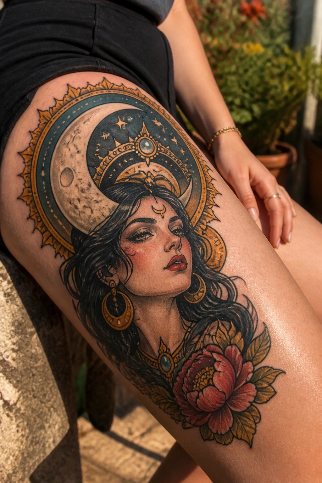 Colorful celestial thigh tattoo of woman's face with moon, stars, and red peony, black shorts.