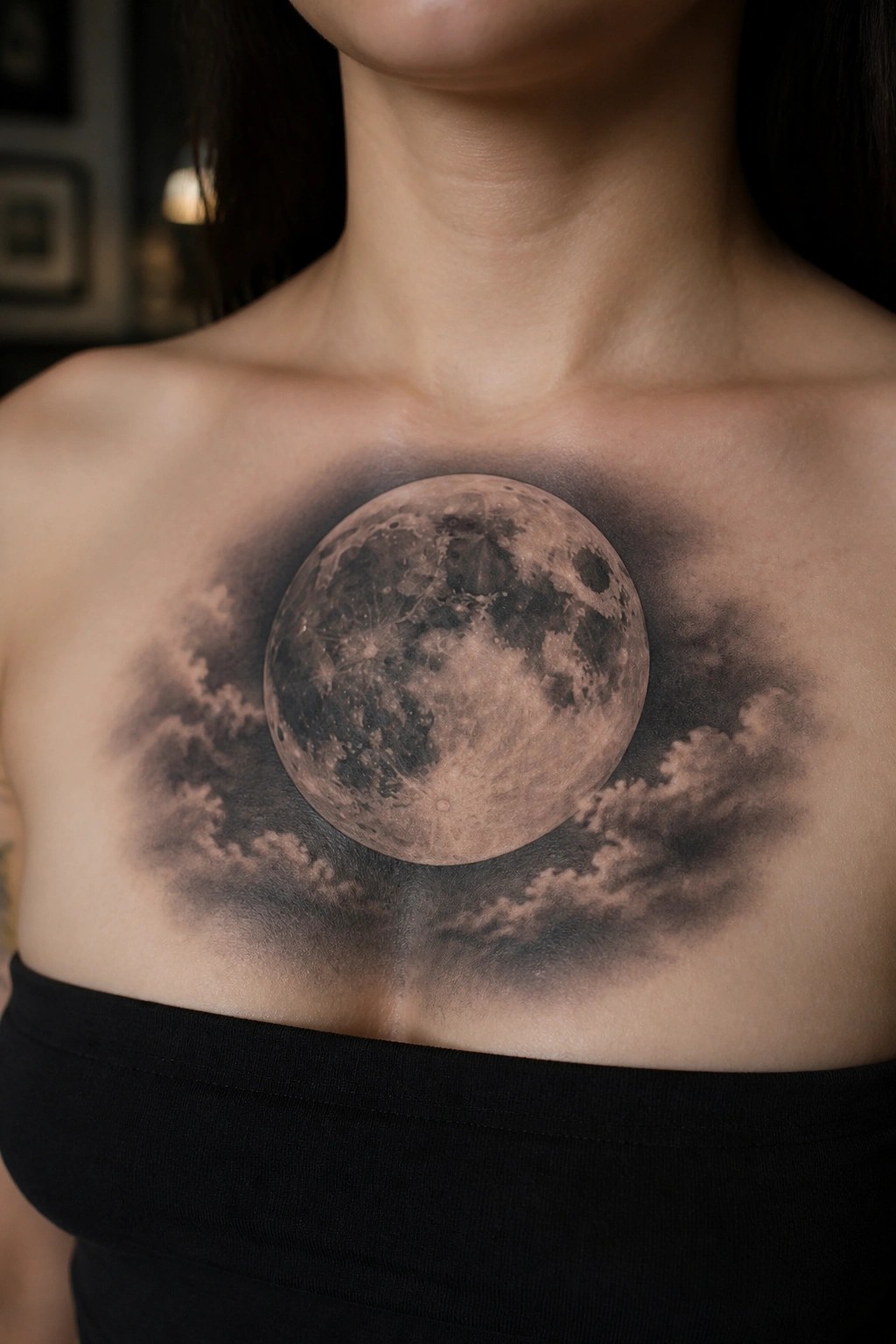 Realistic moon and cloud tattoo centered on chest above black strapless top