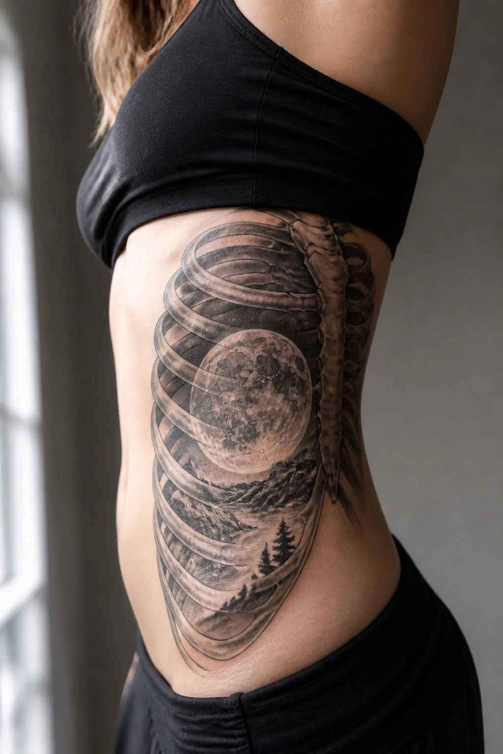 Realistic black and gray ribcage tattoo on a woman's side featuring a detailed moon with mountains and trees inside the cage structure and a spine running alongside it.