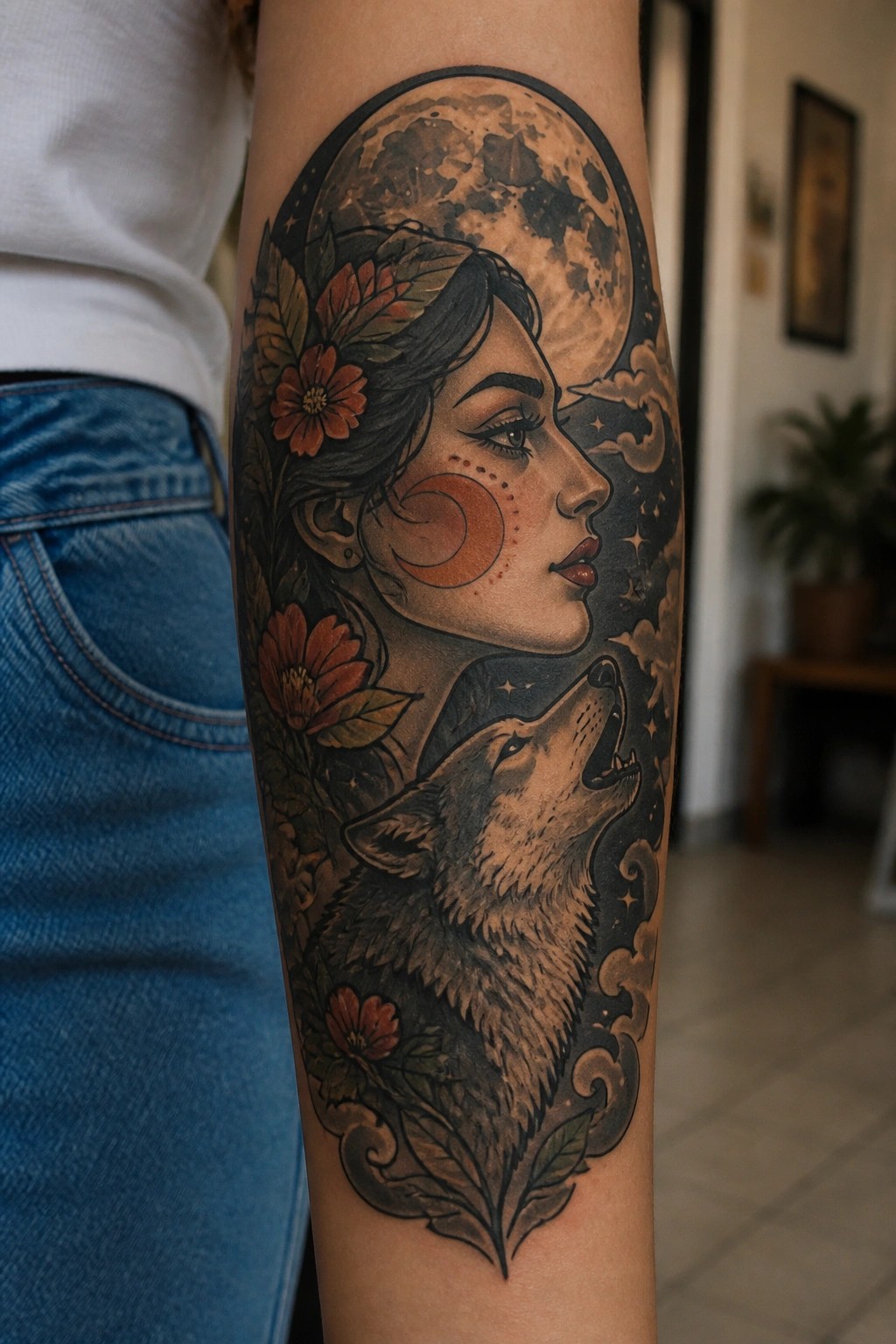 Tattoo on arm of woman profile with red flowers facing howling wolf beneath full moon