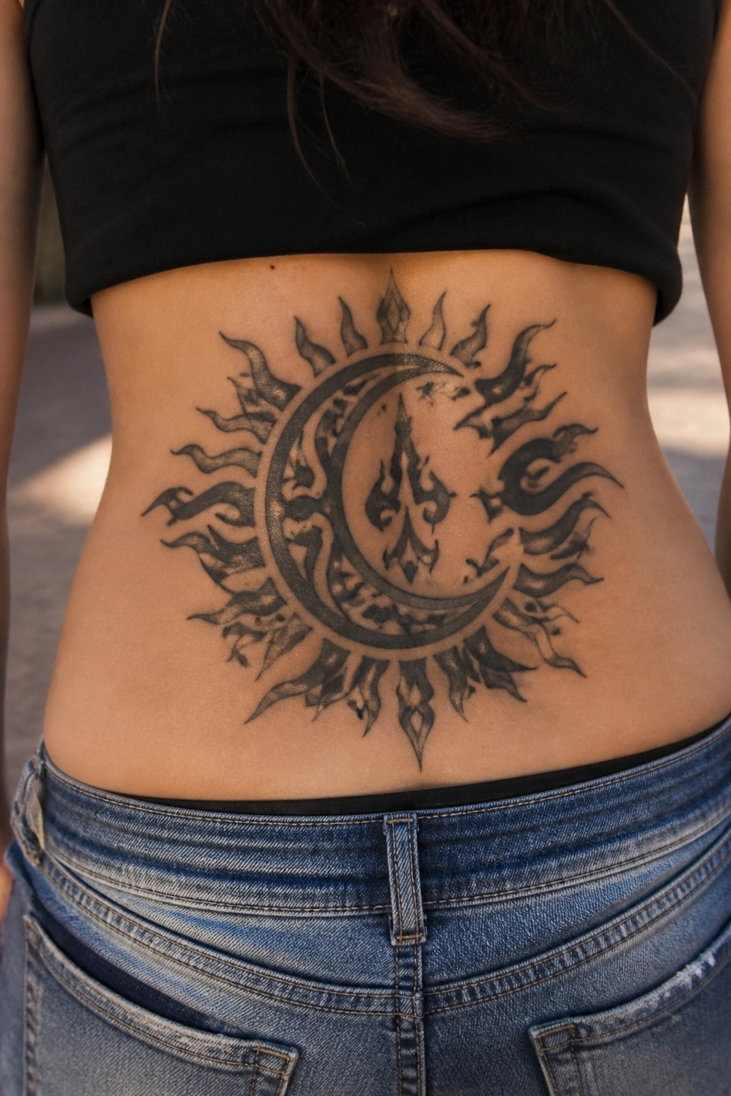 Black crop top and blue jeans with large tribal sun-moon tattoo on lower back