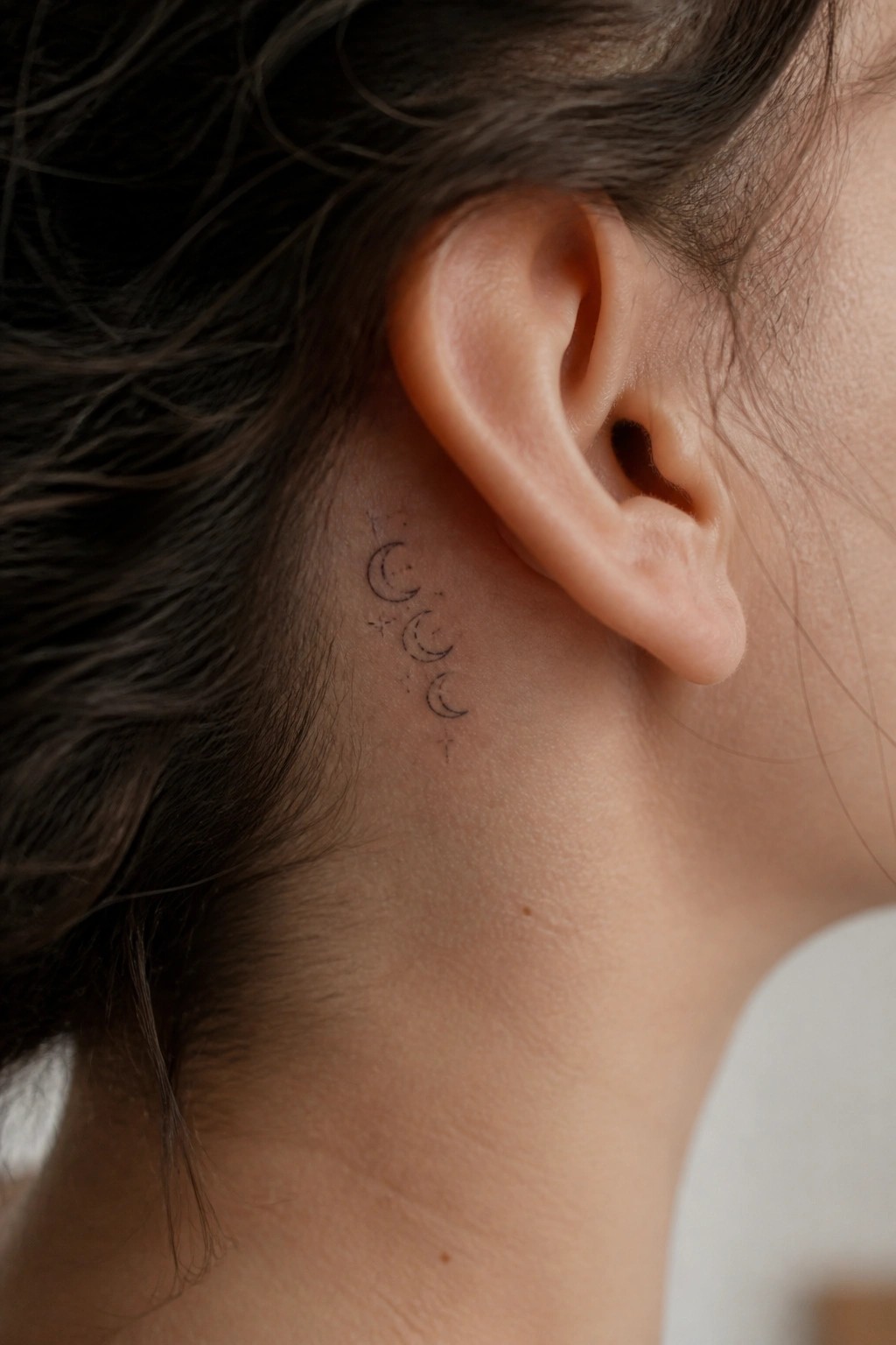 Close-up of three crescent moon phases with stars tattooed behind an ear.