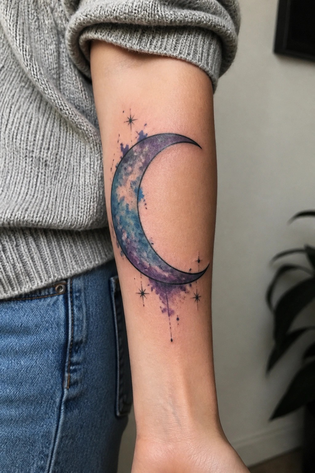 Watercolor crescent moon tattoo with galaxy colors and scattered stars on the inner forearm
