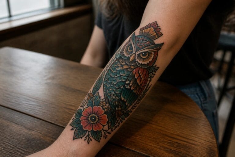 Colorful owl tattoo with orange flowers and teal leaves on forearm in cafe