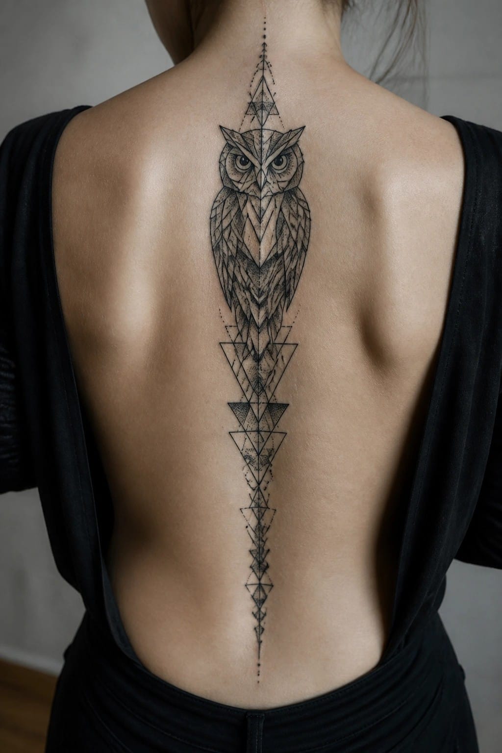 Geometric black owl tattoo vertically aligned on person's bare back in open top