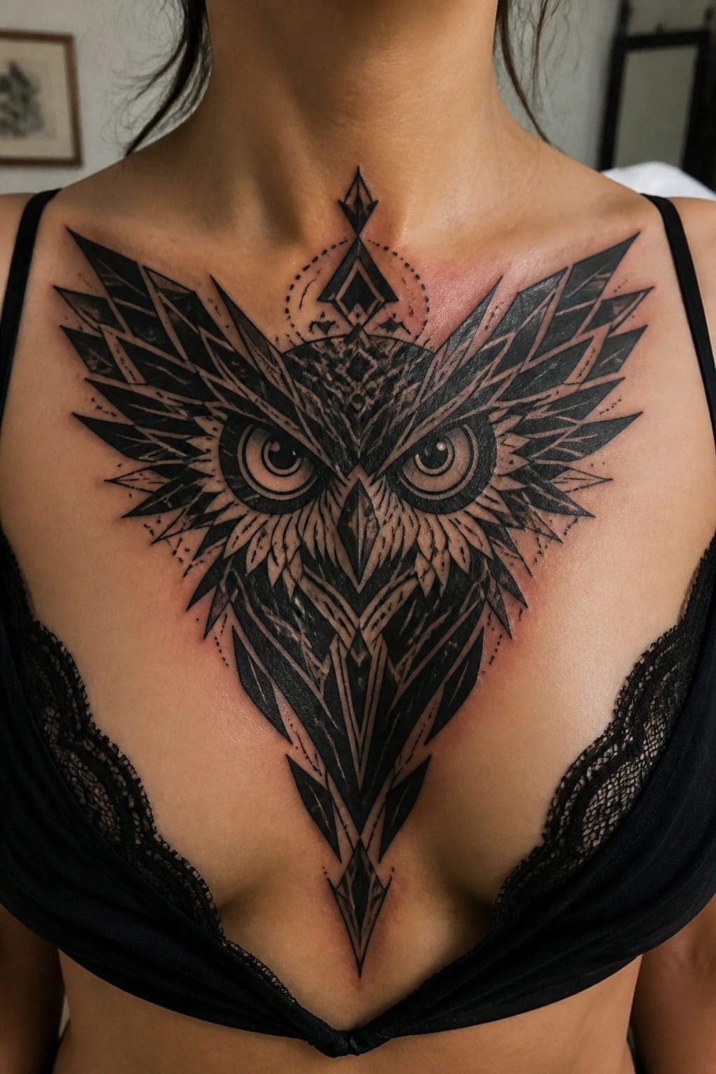 Large black geometric owl tattoo centered on a woman's chest with wings extending outward and sharp patterned details throughout the design.